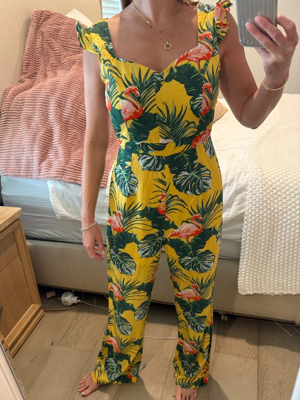 Hearts Rob Yellow Tropical Flamingo Ruffle Jumpsuit
